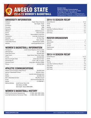 2014-15 BASKETBALL QUICK FACTS & RECORD BOOK // 1ANGELOSPORTS.COM
ANGELO STATE
2014-15 WOMEN’S BASKETBALL
Brandon Ireton
Director of Athletic Communications
ASU Station #10899, San Angelo, TX 76909
M: 325.998.0753 // O: 325.942.2378
brandon.ireton@angelo.edu // AngeloSports.com
@AngeloSports // Facebook.com/AngeloStateSports
UNIVERSITY INFORMATION
Institution:  . . . . . . . . . . . . . . . . . . . . . . . . . . . . . . . . Angelo State University
Location:  . . . . . . . . . . . . . . . . . . . . . . . . . . . . . . . . . . . . San Angelo, Texas
Enrollment: . . . . . . . . . . . . . . . . . . . . . . . . . . . . . . . . . . . . . . . . . . . . . 6,536
Founded: . . . . . . . . . . . . . . . . . . . . . . . . . . . . . . . . . . . . . . . . . . . . . . . . 1928
Nickname:  . . . . . . . . . . . . . . . . . . . . . . . . . . . . . . . . . . . . . . . . . . . . . Rams
Affiliation: . . . . . . . . . . . . . . . . . . . . . . . . . . . . . . . . . . . . . . NCAA Division II
Colors: . . . . . . . . . . . . . . . . . . . . . . . . . . . . . . . . . . . . . . . . . . Blue and Gold
Mascot: . . . . . . . . . . . . . . . . . . . . . . . . . . . . . . . . Roscoe/Bella (costumed)
Conference:  . . . . . . . . . . . . . . . . . . . . . . . . . . . . . . . Lone Star Conference
President: . . . . . . . . . . . . . . . . . . . . . . . . . . . . . . . . . . . . . . . . Dr. Brian May
Athletic Director: . . . . . . . . . . . . . . . . . . . . . . . . . . . . . . . . . . Sean Johnson
Ticket Office Phone: . . . . . . . . . . . . . . . . . . . . . . . . . 325-942-BLUE (2583)
Website:  . . . . . . . . . . . . . . . . . . . . . . . . . . . . . . . . www.AngeloSports.com
WOMEN’S BASKETBALL INFORMATION
Homecourt: . . . . . . . . . . . . . . . . . . . Junell Center/Stephens Arena (5,500)
Date Opened:  . . . . . . . . . . . . . . . . . . . . . . . . . . . . . . . . . . . . . Jan. 10, 2002
Press Row Phone: . . . . . . . . . . . . . . . . . . . . . . . . . . . . . . . . .  325-942-2397
Head Coach: . . . . . . . . . . . . . . . . . . . . . . . Cayla Petree (Texas Tech, 2004)
Phone: . . . . . . . . . . . . . . . . . . . . . . . . . . . . . . . . . . . . . . . . . .  325-942-2264
Record at Angelo State: . . . . . . . . . . . . . . . . . . . . . . . 20-25 (Second Year)
Overall Record: . . . . . . . . . . . . . . . . . . . . . . . . . . . . 112-87 (.566, six years)
Assistant Coach: . . . . . . . . . . . . . . . . . . . . . . . Josip Maric (Rockford 2000)
Phone: . . . . . . . . . . . . . . . . . . . . . . . . . . . . . . . . . . . . . . . . . .  325-942-2264
ATHLETIC COMMUNICATIONS
Athletic Communications Office Phone: . . . . . . . . . . . . . . . .  325-942-2378
Women’s Basketball Contact: . . . . . . . . . . . . . . . . . . . . . . . Brandon Ireton
Email:  . . . . . . . . . . . . . . . . . . . . . . . . . . . . . . . brandon.ireton@angelo.edu
Mobile: . . . . . . . . . . . . . . . . . . . . . . . . . . . . . . . . . . . . . . . . . . 325.998.0753
Men’s Basketball Contact: . . . . . . . . . . . . . . . . . . . . . . . .  Wes Bloomquist
Email:  . . . . . . . . . . . . . . . . . . . . . . . . . . . . . . . . . jbloomquist@angelo.edu
Mobile: . . . . . . . . . . . . . . . . . . . . . . . . . . . . . . . . . . . . . . . . . . 512-966-6971
Mailing Address:	 Junell Center, Room 225
	 ASU Station #10899
	 San Angelo, Texas 76909-0899
WOMEN’S BASKETBALL HISTORY
NCAA D-II Tournament Appearances:  . . . . . . . 4 (1994, 2002, 2004, 2005)
Lone Star Conference Tournament Titles: . . . . 4 (1994, 2002, 2004, 2005)
2014-15 SEASON RECAP
Overall Record:  . . . . . . . . . . . . . . . . . . . . . . . . . . . . . . . . . . . . . . . . . . 6-12
Home:  . . . . . . . . . . . . . . . . . . . . . . . . . . . . . . . . . . . . . . . . . . . . . . . . . . . 3-5
Away:  . . . . . . . . . . . . . . . . . . . . . . . . . . . . . . . . . . . . . . . . . . . . . . . . . . . 2-5
Neutral:  . . . . . . . . . . . . . . . . . . . . . . . . . . . . . . . . . . . . . . . . . . . . . . . . . . 1-2
Lone Star Conference Record:  . . . . . . . . . . . . . . . . . . . . . . . . . . . . . . . 1-7
LSC Home:  . . . . . . . . . . . . . . . . . . . . . . . . . . . . . . . . . . . . . . . . . . . . . . . 0-3
LSC Away:  . . . . . . . . . . . . . . . . . . . . . . . . . . . . . . . . . . . . . . . . . . . . . . . 1-4
ROSTER BREAKDOWN
Retuners:  . . . . . . . . . . . . . . . . . . . . . . . . . . . . . . . . . . . . . . . . . . . . . . . . . . 2
Newcomers:  . . . . . . . . . . . . . . . . . . . . . . . . . . . . . . . . . . . . . . . . . . . . . . . 17
Seniors: . . . . . . . . . . . . . . . . . . . . . . . . . . . . . . . . . . . . . . . . . . . . . . . . . . . . 1
Juniors: . . . . . . . . . . . . . . . . . . . . . . . . . . . . . . . . . . . . . . . . . . . . . . . . . . . 10
Sophomores:  . . . . . . . . . . . . . . . . . . . . . . . . . . . . . . . . . . . . . . . . . . . . . . . 1
Freshmen: . . . . . . . . . . . . . . . . . . . . . . . . . . . . . . . . . . . . . . . . . . . . . . . . . . 7
2013-14 SEASON RECAP
Overall Record:  . . . . . . . . . . . . . . . . . . . . . . . . . . . . . . . . . . . . . . . . . 14-13
Home:  . . . . . . . . . . . . . . . . . . . . . . . . . . . . . . . . . . . . . . . . . . . . . . . . . . . 8-4
Away:  . . . . . . . . . . . . . . . . . . . . . . . . . . . . . . . . . . . . . . . . . . . . . . . . . . . 3-8
Neutral:  . . . . . . . . . . . . . . . . . . . . . . . . . . . . . . . . . . . . . . . . . . . . . . . . . . 3-1
Lone Star Conference Record:  . . . . . . . . . . . . . . . . . . . . . . . . . . . . . . . 7-9
LSC Home:  . . . . . . . . . . . . . . . . . . . . . . . . . . . . . . . . . . . . . . . . . . . . . . . 5-3
LSC Away:  . . . . . . . . . . . . . . . . . . . . . . . . . . . . . . . . . . . . . . . . . . . . . . . 2-6
LSC Finish:  . . . . . . . . . . . . . . . . . . . . . . . . . . . . . . . . . . . . . . . . . . . . . . . 5th
 