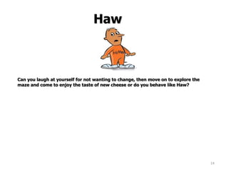 14
Haw
Can you laugh at yourself for not wanting to change, then move on to explore the
maze and come to enjoy the taste of new cheese or do you behave like Haw?
 