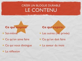 CRÉER UN BLOGUE DURABLE
                LE CONTENU


Ce qui inspire:           Ce qui expire:

Soi-même                  Les autres (vie privée)

Ce qu’on aime faire       Ce qu’on doit faire

Ce qui nous distingue     La saveur du mois

La réﬂexion
 