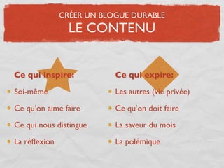 CRÉER UN BLOGUE DURABLE
                LE CONTENU


Ce qui inspire:           Ce qui expire:

Soi-même                  Les autres (vie privée)

Ce qu’on aime faire       Ce qu’on doit faire

Ce qui nous distingue     La saveur du mois

La réﬂexion               La polémique
 