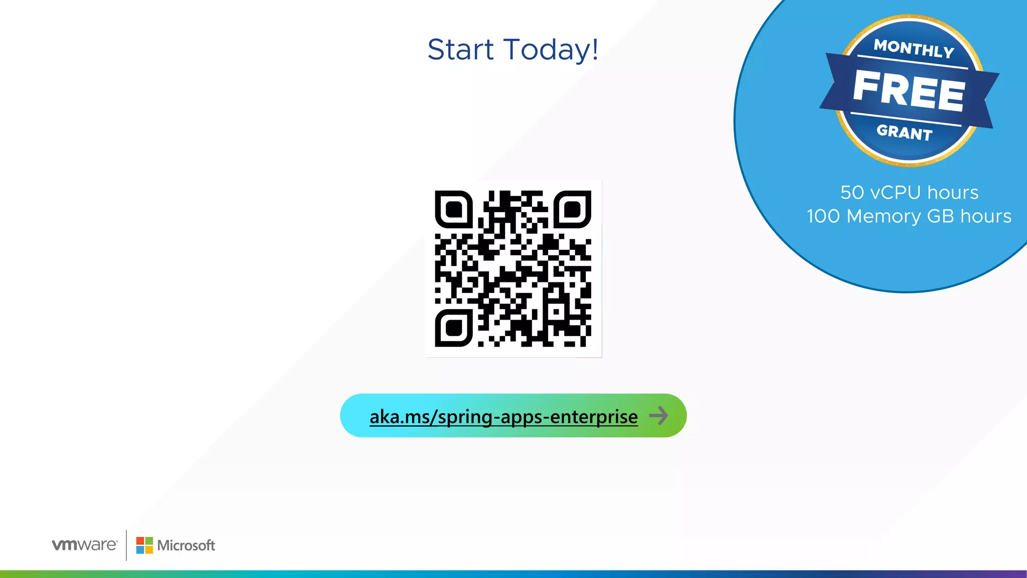 Start Today!
aka.ms/spring-apps-enterprise
50 vCPU hours
100 Memory GB hours
 