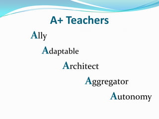 A+ Teachers
Ally
   Adaptable
       Architect
             Aggregator
                  Autonomy
 