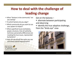 How to deal with the challenge of 
                leading change  
  What “factions in the community” are       Get on the balcony –  
   you seeing? 
                                                 alternate between participating          
  To which factions do you align? 
                                              and observing 
  Which community do you want to use 
   your power to impact?                         Identify the true adaptive challenge, 
  What superficial issues (schedules,        from the “birds‐eye” view 
   power, structure, lines of authority, 
   technical, personality differences) are 
   masking the true issues, represented 
   by factions? 
  How can you break the cycles you see 
   and move toward improvement? 




                                                                        www.humancapitallab.org 
 
