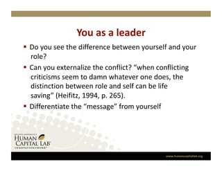 You as a leader
                               
  Do you see the difference between yourself and your 
   role?  
  Can you externalize the conflict? “when conflicting 
   criticisms seem to damn whatever one does, the 
   distinction between role and self can be life 
   saving” (Heifitz, 1994, p. 265). 
  Differentiate the “message” from yourself 




                                            www.humancapitallab.org 
 