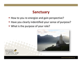 Sanctuary 
  How to you re‐energize and gain perspective? 
  Have you clearly indentified your sense of purpose? 
  What is the purpose of your role? 




                                             www.humancapitallab.org 
 