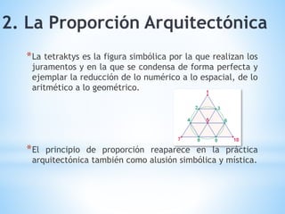 2. La Proporción Arquitectónica
*La tetraktys es la figura simbólica por la que realizan los
juramentos y en la que se condensa de forma perfecta y
ejemplar la reducción de lo numérico a lo espacial, de lo
aritmético a lo geométrico.
*El principio de proporción reaparece en la práctica
arquitectónica también como alusión simbólica y mística.
 