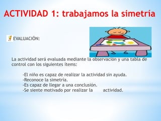 EVALUACIÓN: 
 
 
 
La actividad será evaluada mediante la observación y una tabla de
control con los siguientes ítems: 
 
-El niño es capaz de realizar la actividad sin ayuda. 
-Reconoce la simetría. 
-Es capaz de llegar a una conclusión.  
-Se siente motivado por realizar la actividad.
ACTIVIDAD 1: trabajamos la simetría
 