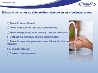 El lavado de manos se debe realizar siempre en los siguientes casos:  a) Antes de iniciar labores;  b) Antes y después de realizar procedimientos. c) Antes y después de tener contacto con piel no intacta.  d) Después de manipular objetos contaminados;  e) Antes de colocarse guantes e inmediatamente después de  retirarlos;  f) Al finalizar labores;  g) Entre un usuario y otro.  ………………………………………………………………………………………………… . 