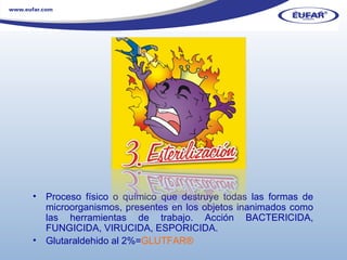 Proceso físico o químico que destruye todas las formas de microorganismos, presentes en los objetos inanimados como las herramientas de trabajo. Acción BACTERICIDA, FUNGICIDA, VIRUCIDA, ESPORICIDA. Glutaraldehido al 2%= GLUTFAR ® 