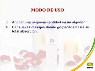 MODO DE USO Aplicar una pequeña cantidad en un algodón. Dar suaves masajes dando golpecitos hasta su total absorción.  