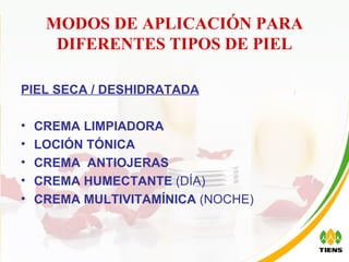 MODOS DE APLICACIÓN PARA DIFERENTES TIPOS DE PIEL PIEL SECA / DESHIDRATADA CREMA LIMPIADORA LOCIÓN TÓNICA CREMA  ANTIOJERAS CREMA HUMECTANTE  (DÍA) CREMA MULTIVITAMÍNICA  (NOCHE) 