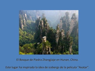 El Bosque de Piedra Zhangjiaje en Hunan, China.
Este lugar ha inspirado la idea de icebergs de la película "Avatar".

 