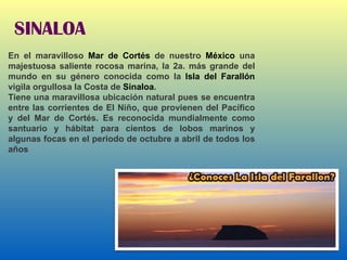 SINALOA En el maravilloso  Mar de Cortés  de nuestro  México  una majestuosa saliente rocosa marina, la 2a. más grande del mundo en su género conocida como la  Isla del Farallón  vigila orgullosa la Costa de  Sinaloa .  Tiene una maravillosa ubicación natural pues se encuentra entre las corrientes de El Niño, que provienen del Pacífico y del Mar de Cortés. Es reconocida mundialmente como santuario y hábitat para cientos de lobos marinos y algunas focas en el periodo de octubre a abril de todos los años 