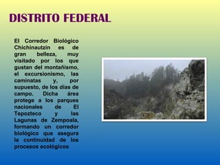 DISTRITO FEDERAL El Corredor Biológico Chichinautzin es de gran belleza, muy visitado por los que gustan del montañismo, el excursionismo, las caminatas y, por supuesto, de los días de campo. Dicha área protege a los parques nacionales de El Tepozteco y las Lagunas de Zempoala, formando un corredor biológico que asegura la continuidad de los procesos ecológicos 