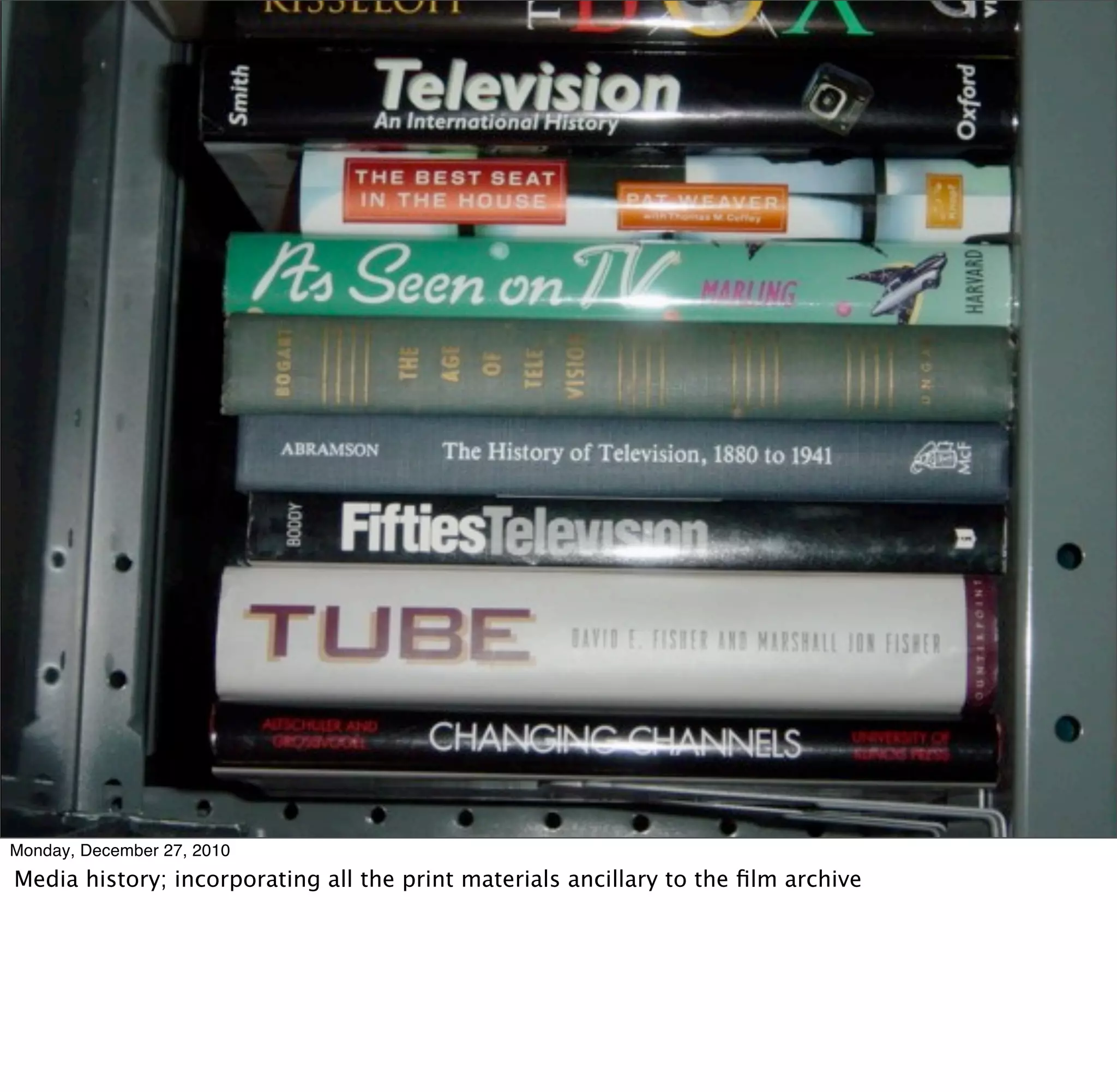 Monday, December 27, 2010
Media history; incorporating all the print materials ancillary to the ﬁlm archive
 