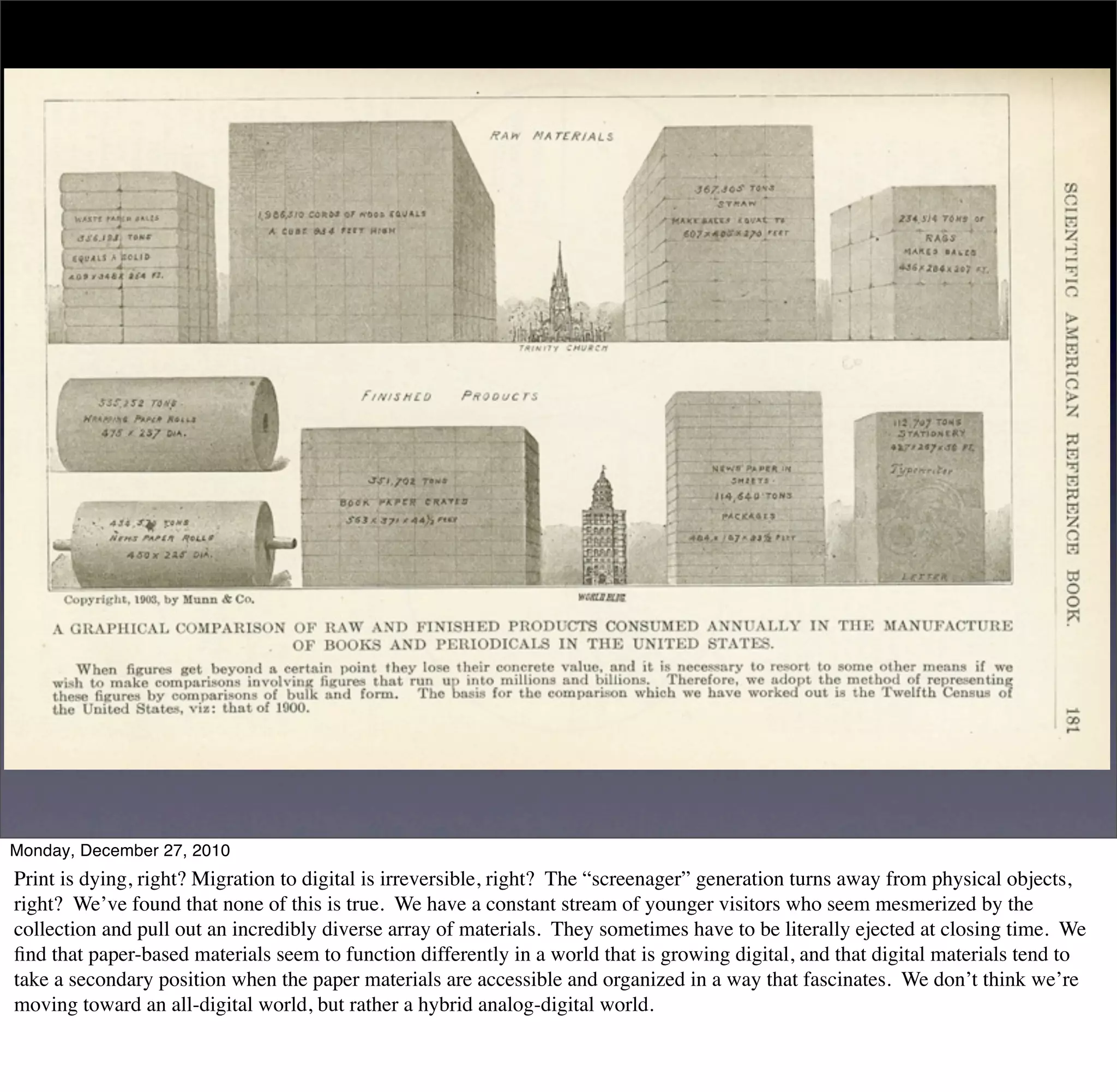 Monday, December 27, 2010
Print is dying, right? Migration to digital is irreversible, right? The “screenager” generation turns away from physical objects,
right? We’ve found that none of this is true. We have a constant stream of younger visitors who seem mesmerized by the
collection and pull out an incredibly diverse array of materials. They sometimes have to be literally ejected at closing time. We
ﬁnd that paper-based materials seem to function differently in a world that is growing digital, and that digital materials tend to
take a secondary position when the paper materials are accessible and organized in a way that fascinates. We don’t think we’re
moving toward an all-digital world, but rather a hybrid analog-digital world.
 