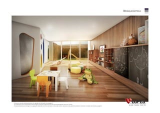 BRINQUEDOTECA

Perspectiva ilustrada da Brinquedoteca com sugestão de decoração e de paisagismo.
Os acabamentos e/ou revestimentos serão entregues conforme o Memorial Descritivo do Empreendimento anexo ao contrato.
O empreendimento será entregue com vegetação implantada em forma de mudas e a ilustração artística representa a fase adulta das espécies constantes no projeto executivo de paisagismo.

 