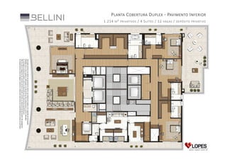 P LANTA C OBERTURA D UPLEX - PAVIMENTO I NFERIOR
DEPÓSITO PRIVATIVO

/
VAGAS

/ 4 S UÍTES / 12
M ² PRIVATIVOS

1.214

Ilustração artística da planta do pavimento inferior da Cobertura Duplex com sugestão de decoração.
Medidas face a face sujeitas a alterações em decorrência dos acabamentos a serem utilizados.
As metragens privativas podem variar em decorrência dos elementos arquitetônicos.
Não faz parte integrante do contrato nenhum móvel, armário ou elemento de decoração e de paisagismo.
Os acabamentos serão entregues conforme o Memorial Descritivo do Empreendimento anexo ao contrato.

 