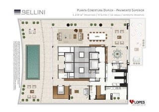 P LANTA C OBERTURA D UPLEX - PAVIMENTO S UPERIOR
DEPÓSITO PRIVATIVO

/
VAGAS

/ 4 S UÍTES / 12
M ² PRIVATIVOS

1.214

Ilustração artística da planta do pavimento superior da Cobertura Duplex com sugestão de decoração.
Medidas face a face sujeitas a alterações em decorrência dos acabamentos a serem utilizados.
As metragens privativas podem variar em decorrência dos elementos arquitetônicos.
Não faz parte integrante do contrato nenhum móvel, armário ou elemento de decoração e de paisagismo.
Os acabamentos serão entregues conforme o Memorial Descritivo do Empreendimento anexo ao contrato.

 
