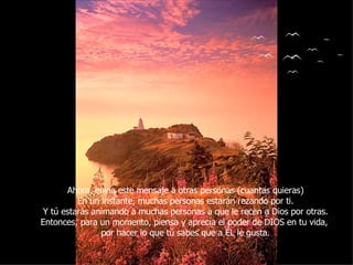 Ahora, envía este mensaje a otras personas (cuantas quieras) En un instante, muchas personas estarán rezando por ti. Y tú estarás animando a muchas personas a que le recen a Dios por otras. Entonces, para un momento, piensa y aprecia el poder de DIOS en tu vida,  por hacer lo que tú sabes que a ÉL le gusta. 