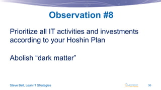 Observation #8
Prioritize all IT activities and investments
according to your Hoshin Plan
Abolish “dark matter”

Steve Bell, Lean IT Strategies

30

 