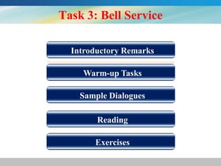Task 3: Bell Service
Introductory Remarks
Warm-up Tasks
Sample Dialogues

Reading
Exercises

 