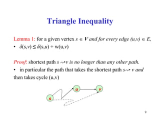 9
Triangle Inequality
Lemma 1: for a given vertex s  V and for every edge (u,v)  E,
• δ(s,v) ≤ δ(s,u) + w(u,v)
Proof: shortest path s v is no longer than any other path.
• in particular the path that takes the shortest path s v and
then takes cycle (u,v)
s
u v
 