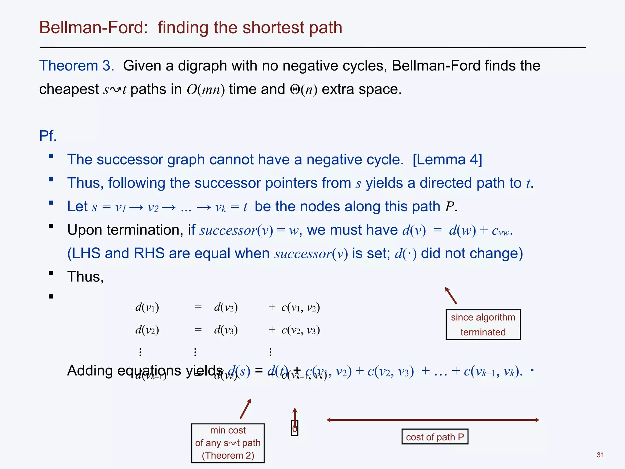 31
Bellman-Ford: finding the shortest path
Theorem 3. Given a digraph with no negative cycles, Bellman-Ford finds the
cheapest s↝t paths in O(mn) time and Θ(n) extra space.
Pf.
・ The successor graph cannot have a negative cycle. [Lemma 4]
・ Thus, following the successor pointers from s yields a directed path to t.
・ Let s = v1 → v2 → … → vk = t be the nodes along this path P.
・ Upon termination, if successor(v) = w, we must have d(v) = d(w) + cvw.
(LHS and RHS are equal when successor(v) is set; d(·) did not change)
・ Thus,
・
Adding equations yields d(s) = d(t) + c(v1, v2) + c(v2, v3) + … + c(vk–1, vk). ▪
d(v1) = d(v2) + c(v1, v2)
d(v2) = d(v3) + c(v2, v3)
⋮ ⋮ ⋮
d(vk–1) = d(vk) + c(vk–1, vk)
cost of path P
min cost
of any s↝t path
(Theorem 2)
0
since algorithm
terminated
 