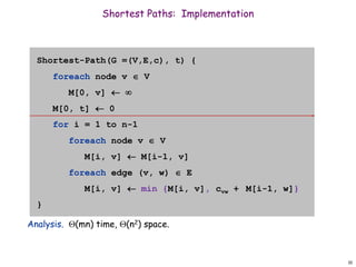 10
Shortest Paths: Implementation
Analysis. (mn) time, (n2) space.
Shortest-Path(G =(V,E,c), t) {
foreach node v  V
M[0, v]  
M[0, t]  0
for i = 1 to n-1
foreach node v  V
M[i, v]  M[i-1, v]
foreach edge (v, w)  E
M[i, v]  min {M[i, v], cvw + M[i-1, w]}
}
 