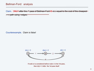 Claim. ONLY after the ith pass of Bellman-Ford IS d(v) equal to the cost of the cheapest
v↝t path using i edges.
Counterexample. Claim is false!
1
24
Bellman-Ford: analysis
v t
2
d(t) = 0
d(w) = 2
if node w is considered before node v in the 1st pass,
then d(v) = 3 after the 1st pass itself
d(v) = 3
4
w
 