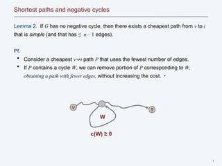 7
Shortest paths and negative cycles
Lemma 2. If G has no negative cycle, then there exists a cheapest path from v to t
that is simple (and that has ≤ n – 1 edges).
Pf.
・ Consider a cheapest v↝t path P that uses the fewest number of edges.
・ If P contains a cycle W, we can remove portion of P corresponding to W,
obtaining a path with fewer edges, without increasing the cost. ▪
W
c(W) ≥ 0
v t
 