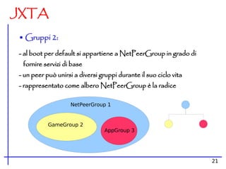 JXTA

• Gruppi 2:
- al boot per default si appartiene a NetPeerGroup in grado di
 fornire servizi di base
- un peer può unirsi a diversi gruppi durante il suo ciclo vita
- rappresentato come albero NetPeerGroup è la radice

                   NetPeerGroup 1


           GameGroup 2
                                 AppGroup 3




                                                                  21
 