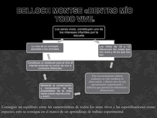 BELLOCH MONTSE «DENTRO MÍO
TODO VIVE»
Los seres vivos, constituyen uno de
los intereses infantiles por la
escuela
Los niños de 10 y 12
diferencian las cosas que
son vivos y de los que nos
son.
Este reconocimiento deberá
realizarse no solo mediante la
observación y directa sino de una
aproximación experimental y
reflexiva que permita las inferencias y
deducciones.
Mediante la conservación
y manipulación de las
propiedades de la vida(
nacer,crecer,reproducirse
y morir).
Constituye un obstáculo para el niño al
intentar entender la noción de vivo a
contextos diferentes.
Lo vivo es un concepto
asociado a los animales
Conseguir un equilibrio entre las características de todos los seres vivos y las especificaciones como
especies; esto se consigue en el marco de un aprendizaje de trabajo experimental
 