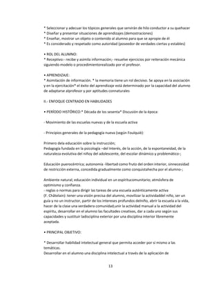 * Seleccionar y adecuar los tópicos generales que servirán de hilo conductor a su quehacer
* Diseñar y presentar situaciones de aprendizajes (demostraciones)
* Enseñar, mostrar un objeto o contenido al alumno para que se apropie de él
* Es considerado y respetado como autoridad (poseedor de verdades ciertas y estables)
• ROL DEL ALUMNO:
* Receptivo:- recibe y asimila información;- resuelve ejercicios por reiteración mecánica
siguiendo modelo o procedimientorealizado por el profesor.
• APRENDIZAJE:
* Asimilación de información. * la memoria tiene un rol decisivo. Se apoya en la asociación
y en la ejercitación* el éxito del aprendizaje está determinado por la capacidad del alumno
de adaptarse alprofesor y por aptitudes connaturales
II.- ENFOQUE CENTRADO EN HABILIDADES
• PERÍODO HISTÓRICO:* Década de los sesenta* Discusión de la época:
- Movimiento de las escuelas nuevas y de la escuela activa
- Principios generales de la pedagogía nueva (según Foulquiè):
Primero dela educación sobre la instrucción;
Pedagogía fundada en la psicología –del Interés, de la acción, de la espontaneidad, de la
naturaleza evolutiva del niñoy del adolescente, del escolar dinámico y problemático-;
Educación puerocéntrica; autonomía -libertad como fruto del orden interior, sinnecesidad
de restricción externa, concedida gradualmente como conquistahecha por el alumno-;
Ambiente natural; educación individual en un espíritucomunitario; atmósfera de
optimismo y confianza.
- reglas o normas para dirigir las tareas de una escuela auténticamente activa
(F. Châtelain): tener una visión precisa del alumno, movilizar la actividaddel niño, ser un
guía y no un instructor, partir de los intereses profundos delniño, abrir la escuela a la vida,
hacer de la clase una verdadera comunidad,unir la actividad manual a la actividad del
espíritu, desarrollar en el alumno las facultades creativas, dar a cada uno según sus
capacidades y sustituir ladisciplina exterior por una disciplina interior libremente
aceptada.
• PRINCIPAL OBJETIVO:
* Desarrollar habilidad intelectual general que permita acceder por sí mismo a las
temáticas.
Desarrollar en el alumno una disciplina intelectual a través de la aplicación de
13

 