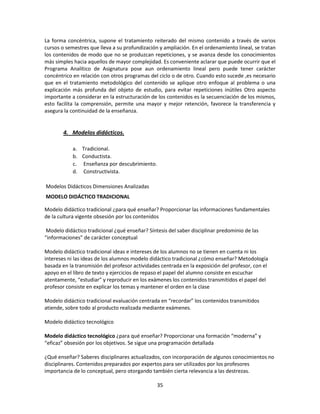 La forma concéntrica, supone el tratamiento reiterado del mismo contenido a través de varios
cursos o semestres que lleva a su profundización y ampliación. En el ordenamiento lineal, se tratan
los contenidos de modo que no se produzcan repeticiones, y se avanza desde los conocimientos
más simples hacia aquellos de mayor complejidad. Es conveniente aclarar que puede ocurrir que el
Programa Analítico de Asignatura pose aun ordenamiento lineal pero puede tener carácter
concéntrico en relación con otros programas del ciclo o de otro. Cuando esto sucede ,es necesario
que en el tratamiento metodológico del contenido se aplique otro enfoque al problema o una
explicación más profunda del objeto de estudio, para evitar repeticiones inútiles Otro aspecto
importante a considerar en la estructuración de los contenidos es la secuenciación de los mismos,
esto facilita la comprensión, permite una mayor y mejor retención, favorece la transferencia y
asegura la continuidad de la enseñanza.

4. Modelos didácticos.
a. Tradicional.
b. Conductista.
c. Enseñanza por descubrimiento.
d. Constructivista.
Modelos Didácticos Dimensiones Analizadas
MODELO DIDÁCTICO TRADICIONAL
Modelo didáctico tradicional ¿para qué enseñar? Proporcionar las informaciones fundamentales
de la cultura vigente obsesión por los contenidos
Modelo didáctico tradicional ¿qué enseñar? Síntesis del saber disciplinar predominio de las
“informaciones” de carácter conceptual
Modelo didáctico tradicional ideas e intereses de los alumnos no se tienen en cuenta ni los
intereses ni las ideas de los alumnos modelo didáctico tradicional ¿cómo enseñar? Metodología
basada en la transmisión del profesor actividades centrada en la exposición del profesor, con el
apoyo en el libro de texto y ejercicios de repaso el papel del alumno consiste en escuchar
atentamente, “estudiar” y reproducir en los exámenes los contenidos transmitidos el papel del
profesor consiste en explicar los temas y mantener el orden en la clase
Modelo didáctico tradicional evaluación centrada en “recordar” los contenidos transmitidos
atiende, sobre todo al producto realizada mediante exámenes.
Modelo didáctico tecnológico
Modelo didáctico tecnológico ¿para qué enseñar? Proporcionar una formación “moderna” y
“eficaz” obsesión por los objetivos. Se sigue una programación detallada
¿Qué enseñar? Saberes disciplinares actualizados, con incorporación de algunos conocimientos no
disciplinares. Contenidos preparados por expertos para ser utilizados por los profesores
importancia de lo conceptual, pero otorgando también cierta relevancia a las destrezas.
35

 