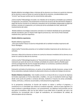 Modelo didáctico tecnológico ideas e intereses de los alumnos no se tienen en cuenta los intereses
de los alumnos a veces se tienen en cuenta las ideas de los alumnos, considerándolas como
“errores” que hay que sustituir por los conocimientos adecuados.
¿Cómo enseñar? Metodología vinculada a los métodos de las disciplinas actividades que combinan
la exposición y las prácticas, frecuentemente en forma de secuencia de descubrimiento dirigido el
papel del alumno consiste en la realización sistemática de las actividades programadas el papel del
profesor consiste en la exposición y en la dirección de las actividades de clase, además del
mantenimiento del orden.
Modelo didáctico tecnológico evaluación centrada en la medición detallada de los aprendizajes
atiende al producto, pero se intenta medir algunos procesos (ej.: test inicial y final) realizada
mediante test y ejercicios específicos
Modelo didáctico espontaneo.
Modelo didáctico espontaneo
¿Para qué enseñar? Educar al alumno imbuyéndolo de la realidad inmediata importancia del
factor ideológico.
¿Qué enseñar? Contenidos presentes en la realidad inmediata importancia de las destrezas y las
actitudes.
Intereses e ideas de los alumnos se tienen en cuenta los intereses inmediatos de los alumnos no se
tienen en cuenta los ideas de los alumnos
¿Cómo enseñar? Metodología basada en el “descubrimiento espontáneo” por parte del alumno
realización por parte del alumno de múltiples actividades de carácter abierto y flexible papel
central y protagonista del alumno el papel del profesor es no directivo; coordina la dinámica
general de la clase como líder social y afectivo
Evaluación centrada en las destrezas y, en parte, en las actitudes atiende el proceso, aunque no de
forma sistemática realizada mediante la observación directa y el análisis de trabajos de alumnos
Modelo Didáctico Conductista. Este modelo consiste en el desarrollo de un conjunto de objetivos
terminales expresados en forma observable y medible, a los que el estudiante tendrá que llegar
desde cierto punto de partida o conducta derivada, mediante el impulso de ciertas actividades,
medios, estímulos, y refuerzos secuenciados y meticulosamente programados.
En la perspectiva conductista, la función del maestro se reduce a verificar el programa, a
constituirse en un controlador que refuerza la conducta esperada, autoriza el paso siguiente a la
nueva conducta o aprendizaje previsto, y así sucesivamente. Los objetivos instruccionales son los
que guían la enseñanza, ellos son los que indican lo que debe hacer el aprendiz, por esto a los
profesores les corresponde solo el papel de evaluadores, de controladores de calidad, de
administradores de los refuerzos.

36

 