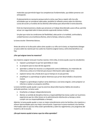 materiales que permitirán lograr las competencias fundamentales, que deben preverse con
anticipación.
El planeamiento es necesario porque evita la rutina, que lleva a repetir año tras año
actividades que se consideran adecuadas; posibilita la reflexión previa sobre los distintos
cursos de acción y el análisis de las distintas alternativas para desarrollar la tarea docente.
Evita las improvisaciones y dudas que provocan un trabajo desordenado y poco eficaz; permite
actuar con seguridad sobre la base prevista superando tanteos inútiles.
Un plan que reúna las condiciones de flexibilidad, adecuación a la realidad, continuidad y
unidad favorece una enseñanza efectiva, ahorra tiempo, esfuerzo y dinero
La tarea escolar: Elementos básicos.
Antes de entrar en la discusión sobre cómo ayudar a su niño con la tarea, es importante dialogar
un poco sobre las razones por las cuales los maestros asignan tarea y cómo ésta beneficia a su
hijo.
¿Por qué asignan tarea los maestros?
Los maestros asignan tarea por muchas razones. Entre ellas, la tarea ayuda a que los estudiantes:
repasen y practiquen lo que han aprendido en clase
se preparen para la clase del día siguiente
aprendan a utilizar los recursos a su disposición como la biblioteca, los materiales de
referencia y sitios en el Internet para buscar información sobre algún tema
exploren temas más a fondo de lo que el tiempo en el aula permite
amplifiquen su aprendizaje al aplicar destrezas que ya han desarrollado a situaciones
nuevas
integren su aprendizaje al aplicar varias destrezas a una tarea singular, como preparar un
informe o realizar un proyecto científico.
La tarea también puede ayudar a que los alumnos desarrollen buenos hábitos de estudio y
actitudes positivas. La tarea suele:
Enseñarles a trabajar independientemente
Alentar un sentido de disciplina interna y responsabilidad (las tareas suelen ser la primera
experiencia que los niños tienen en la administración efectiva de su tiempo y cómo
cumplir con sus responsabilidades a tiempo).
Además, la tarea puede ayudar a crear un mejor entendimiento entre las familias y los maestros y
ofrecer oportunidades para una mejor comunicación. Supervisar la tarea mantiene a las familias
informadas sobre lo que los niños están aprendiendo y sobre los reglamentos y los programas del
maestro y de la escuela.
¿De qué manera ayuda la tarea a que los niños aprendan?

55

 
