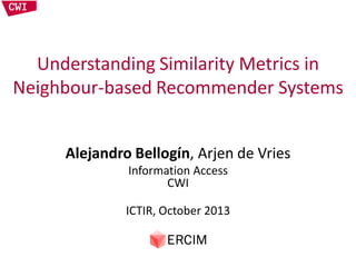 Understanding Similarity Metrics in
Neighbour-based Recommender Systems
Alejandro Bellogín, Arjen de Vries
Information Access
CWI

ICTIR, October 2013

 