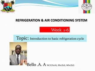 REFRIGERATION & AIR CONDITIONING SYSTEM
Topic: Introduction to basic refrigeration cycle
Week 1-6
Bello .A. A NCE(Tech), BSc(Ed), MSc(Ed)
 