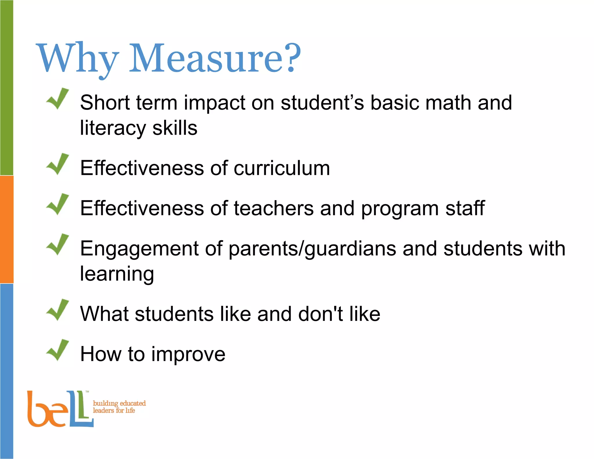Why Measure?
Short term impact on student’s basic math and
literacy skills
Effectiveness of curriculum
Effectiveness of teachers and program staff
Engagement of parents/guardians and students with
learning
What students like and don't like
How to improve
 