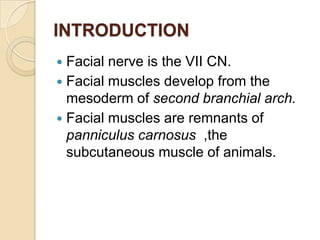 INTRODUCTIONFacial nerve is the VII CN.Facial muscles develop from the mesoderm of second branchial arch.Facial muscles are remnants of panniculuscarnosus ,the subcutaneous muscle of animals.