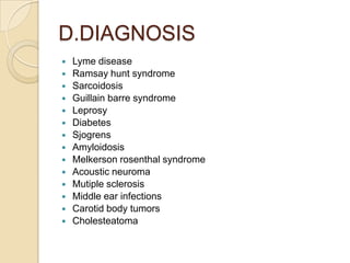 D.DIAGNOSISLyme diseaseRamsay hunt syndromeSarcoidosisGuillainbarre syndromeLeprosyDiabetesSjogrensAmyloidosisMelkersonrosenthal syndromeAcoustic neuromaMutiple sclerosisMiddle ear infectionsCarotid body tumorsCholesteatoma