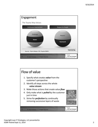 9/16/2014 
Engagement 
5 
Source: Pierre Masai, CIO, Toyota EMEA 
© Lean IT Strategies, LLC All Rights Reserved 
Flow of value 
6 
1. Specify what creates value from the 
customer’s perspective 
2. Identify all steps across the whole 
value stream 
3. Make those actions that create value flow 
4. Only make what is pulled by the customer 
just in time 
5. Strive for perfection by continually 
removing successive layers of waste 
© Lean IT Strategies, LLC All Rights Reserved 
Copyright Lean IT Strategies, LLC presented to 
itSMF Poland Sept 11, 2014 3 
 