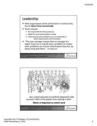 9/16/2014 
Leadership 
Most organizations think and function in vertical silos, 
but all Value Flows horizontally 
Teams should: 
Be responsible for their processes 
Make the work and problems visible 
Continuously solve problems cross-functionally to 
drive improvement and innovation 
“The Lean manager realizes that no manager at a 
higher level can or should solve a problem at a lower 
level; problems can only be solved where they live, by 
those living with them” Jim Womack 
7 © Lean IT Strategies, LLC All Rights Reserved 
8 
Your current processes are perfectly designed to take 
up (over) 100% of the people’s time working in them 
Waste is disguised as useful work 
Source: David Balestracci, Quality Improvement: 
Practical Applications for Medical Group Practices 
Copyright Lean IT Strategies, LLC presented to 
itSMF Poland Sept 11, 2014 4 
 