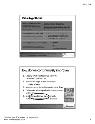9/16/2014 
17 
Value hypothesis 
Customer Facing services (SLA) 
Request and delivery method and 
performance metrics as seen through the 
eyes of the customer (business and/or end 
customer-consumer) 
• Application (provision, integrate, develop) 
• Infrastructure (provision, integrate, develop) 
• Professional services (strategic advisory, improvement, 
• Support (Incident and Knowledge management) 
Supporting Technical services (OLA) 
Request and delivery method and performance 
metrics as seen internally by technical teams 
education, architecture, data management, security, etc.) 
• All technical components utilized (directly or 
• Management activities of the technical stacks 
• Event, Change, Problem management 
Supporting Administrative services (OLA) 
Request and delivery method and performance 
metrics as seen internally by administrative teams 
indirectly) by the customer facing services 
• Governance 
• Finance 
• HR 
• Sourcing 
• PMO, SMO, Lean, other offices 
© Lean IT Strategies, LLC All Rights Reserved 
How do we continuously improve? 
18 
1. Specify what creates value from the 
customer’s perspective 
2. Identify all steps across the whole 
value stream 
3. Make those actions that create value flow 
4. Only make what is pulled by the customer 
just in time 
5. Strive for perfection by continually 
removing successive layers of waste 
© Lean IT Strategies, LLC All Rights Reserved 
Copyright Lean IT Strategies, LLC presented to 
itSMF Poland Sept 11, 2014 9 
 