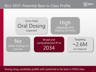 Strong drug candidate profile with potential to be best in P2X3 class
BLU-5937: Potential Best-in-Class Profile
12
Targeting
~2.6M
US Patients
Broad and
comprehensive IP to
2034
High
Selectivity and
Potency for P2X3
Twice Daily
Oral Dosing
Expected
No
safety findings of
concern
 