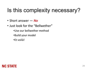 Is this complexity necessary?
• Short answer — No
• Just look for the “Bellwether”
•Use our bellwether method
•Build your model
•Et voilà!
29
 