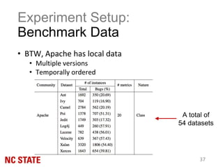 Experiment Setup:
Benchmark Data
• BTW, Apache has local data
• Multiple versions
• Temporally ordered
37
A total of
54 datasets
 