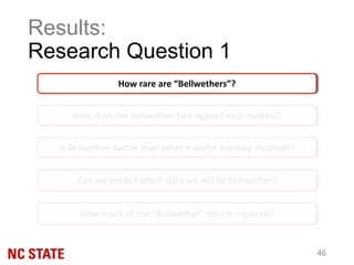 How rare are “Bellwethers”?
How does the bellwether fare against local models?
Is Bellwether better than other transfer learning methods?
Can we predict which data set will be bellwether?
How much of the “Bellwether” data is required?
Results:
Research Question 1
46
 