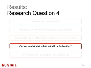 How rare are “Bellwethers”?
How does the bellwether fare against local models?
Is Bellwether better than other transfer learning methods?
Can we predict which data set will be bellwether?
How much of the “Bellwether” data is required?
Results:
Research Question 4
56
 